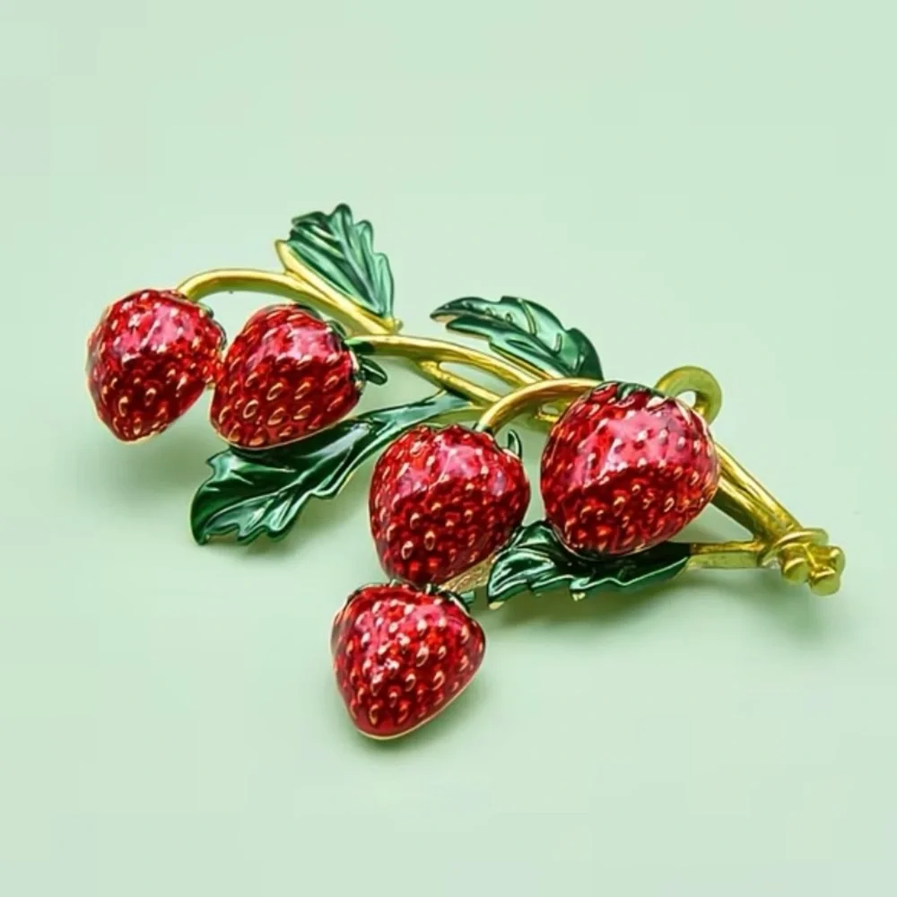 Red Strawberry Branch Enamel Brooch - Gold & Green Accents